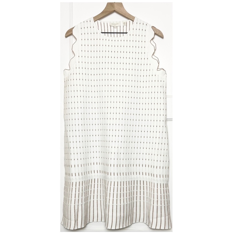 NWT TED BAKER‎ Gold Embroidered Knit Sleeveless Ruffle Flip Skirt Shift Dress 12 - Picture 6 of 16